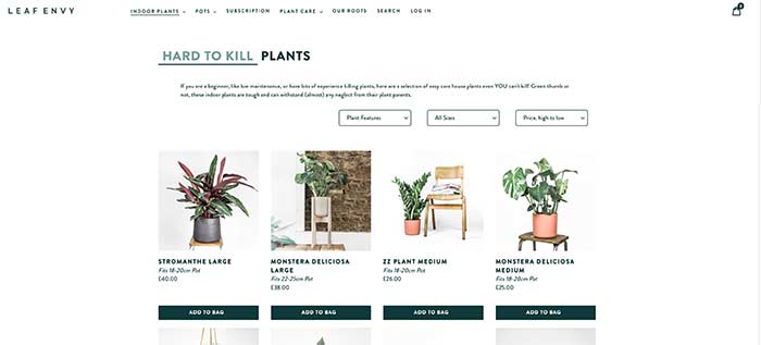 Screenshot from the leafenvy website, showing images of their houseplants for sale and website copy